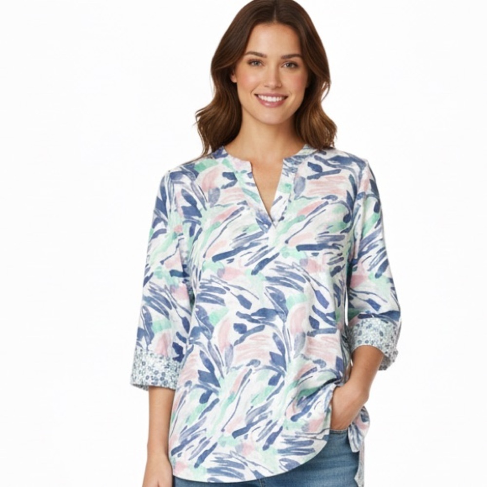 Foxcroft Women's Cotton 3/4 Sleeve Tropical Paint Splash Shirt, Size 6